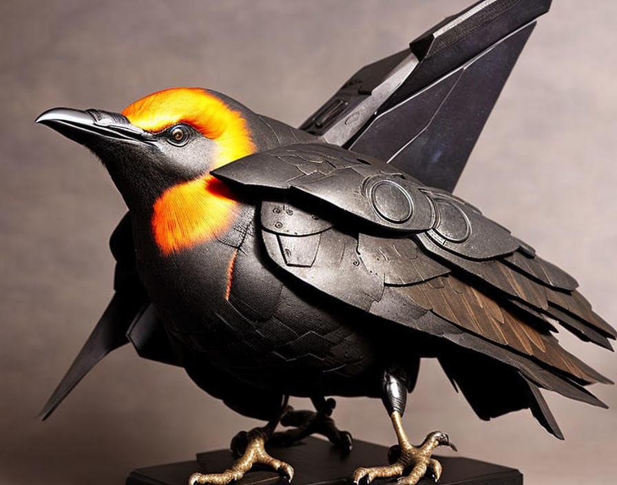 Intricate black armor-plated mechanical bird with vibrant plumage