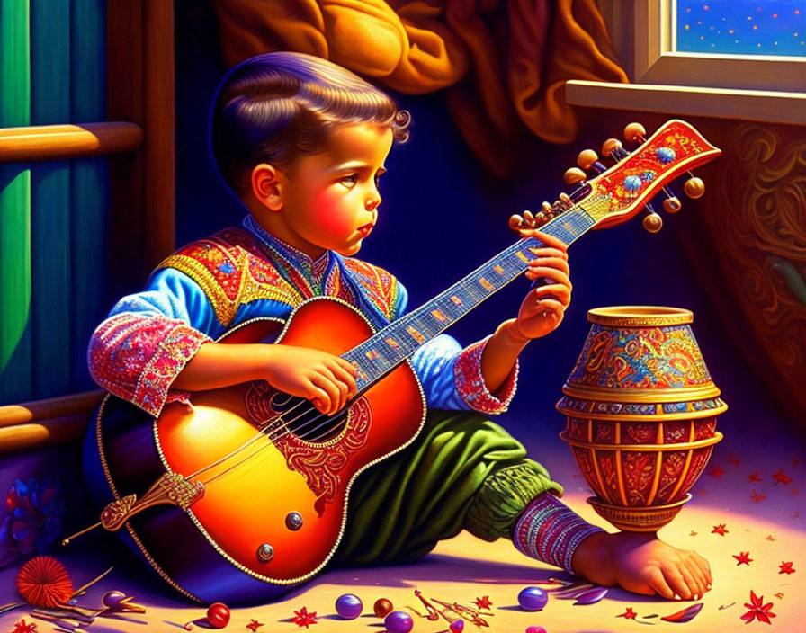 Child in traditional attire plays sitar by flower-strewn window at dusk