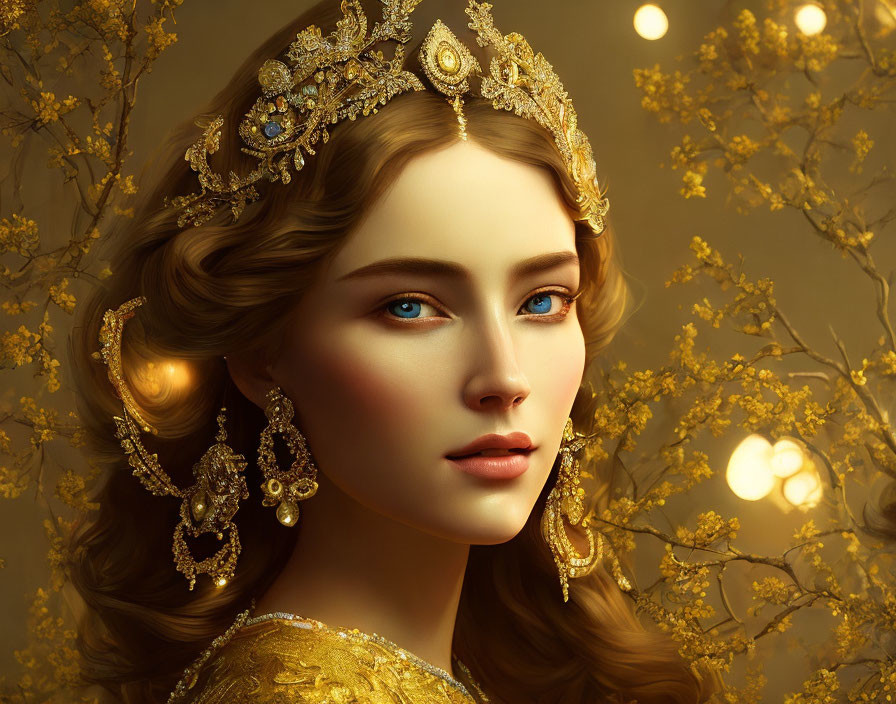 Blonde woman with blue eyes in golden crown and earrings surrounded by soft lights and blooms