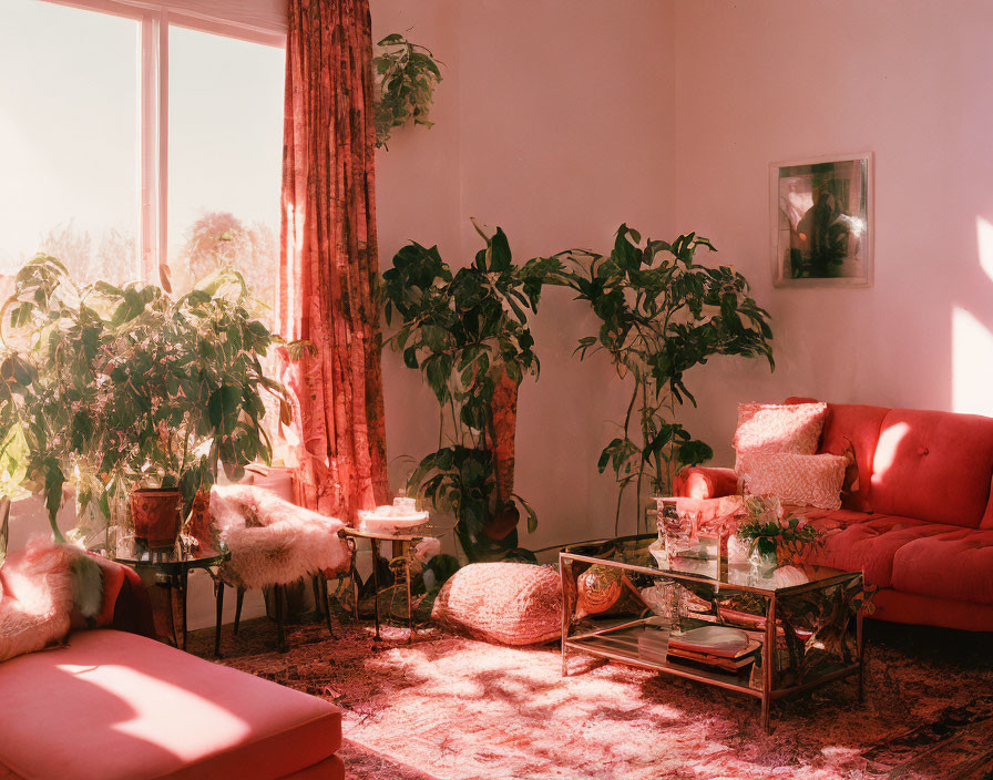 Sunlit living room with red sofa, green plants, glass table, and pink curtains