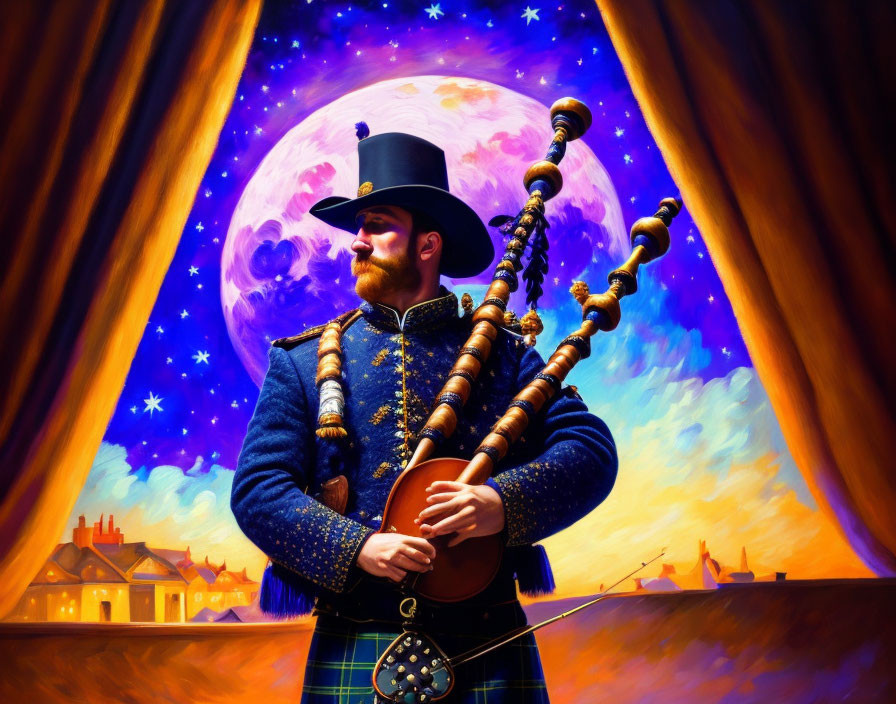 Man in Scottish attire playing bagpipes under surreal starry sky with oversized moon