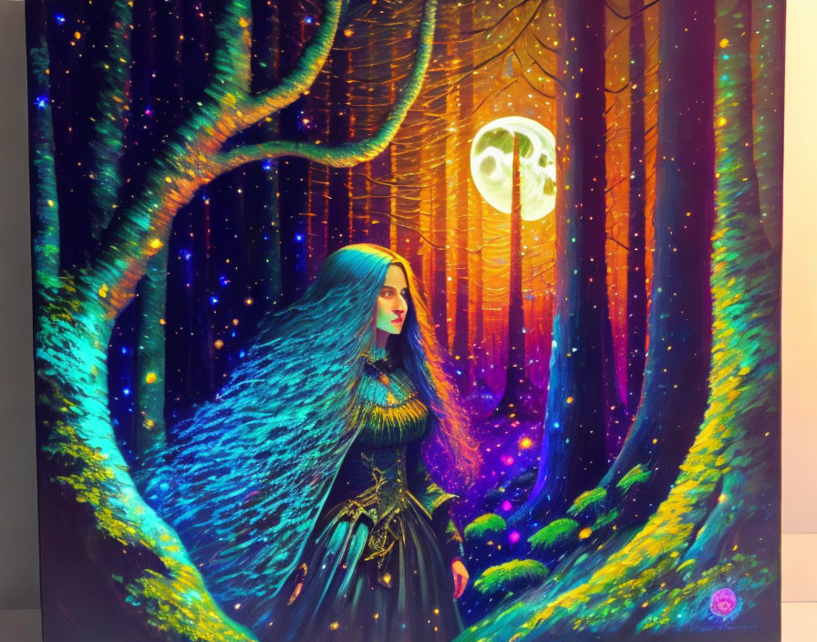 Woman in mystical forest with glowing trees and bright moon