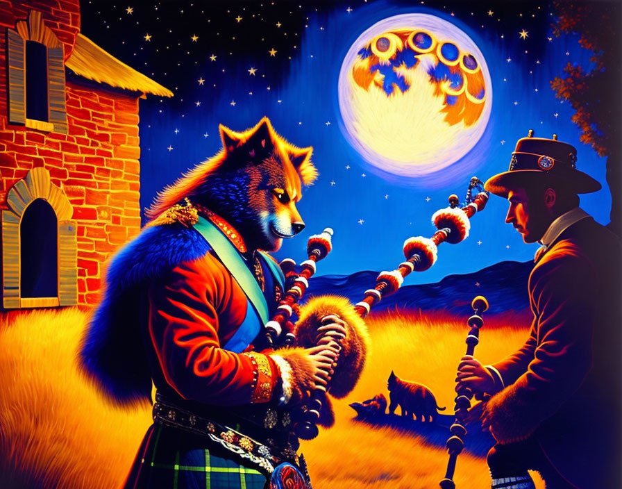 Anthropomorphic dog playing bagpipes under starry sky with wolves.