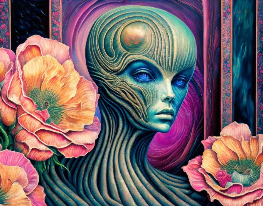 Surreal Artwork: Humanoid with Blue Eyes Surrounded by Pink-Orange Flowers