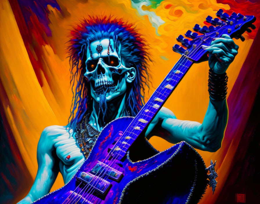 Colorful Skeleton Playing Electric Guitar on Vibrant Background