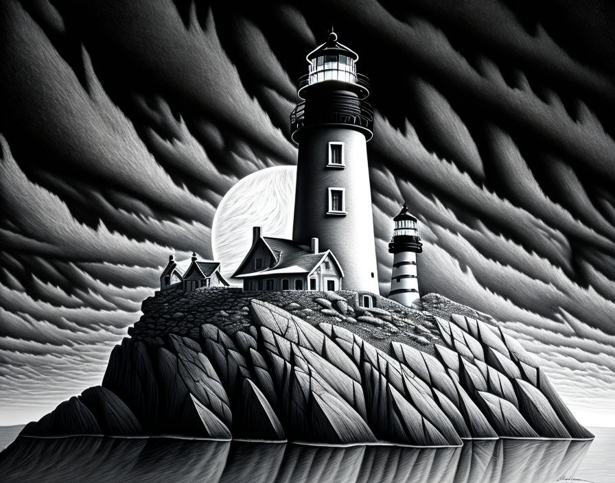 Monochromatic artwork: Lighthouse on craggy island with full moon & dramatic clouds