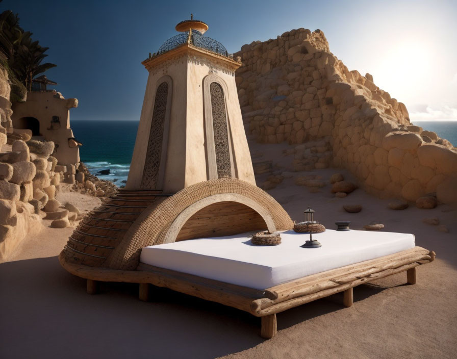 Outdoor Bed with Canopy and Cushions Near Sandy Beach at Sunset