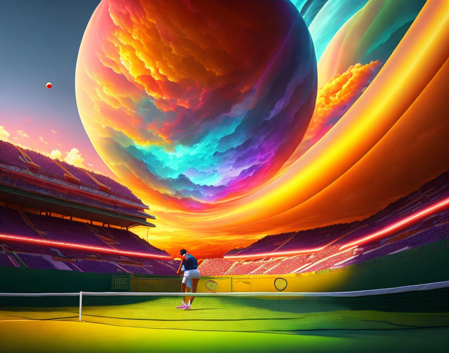 Tennis player on court with surreal cosmic backdrop