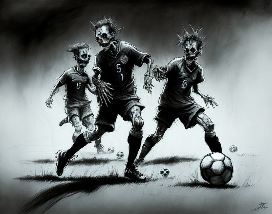 Monochromatic sketch of three zombie soccer players in tattered uniforms chasing a ball