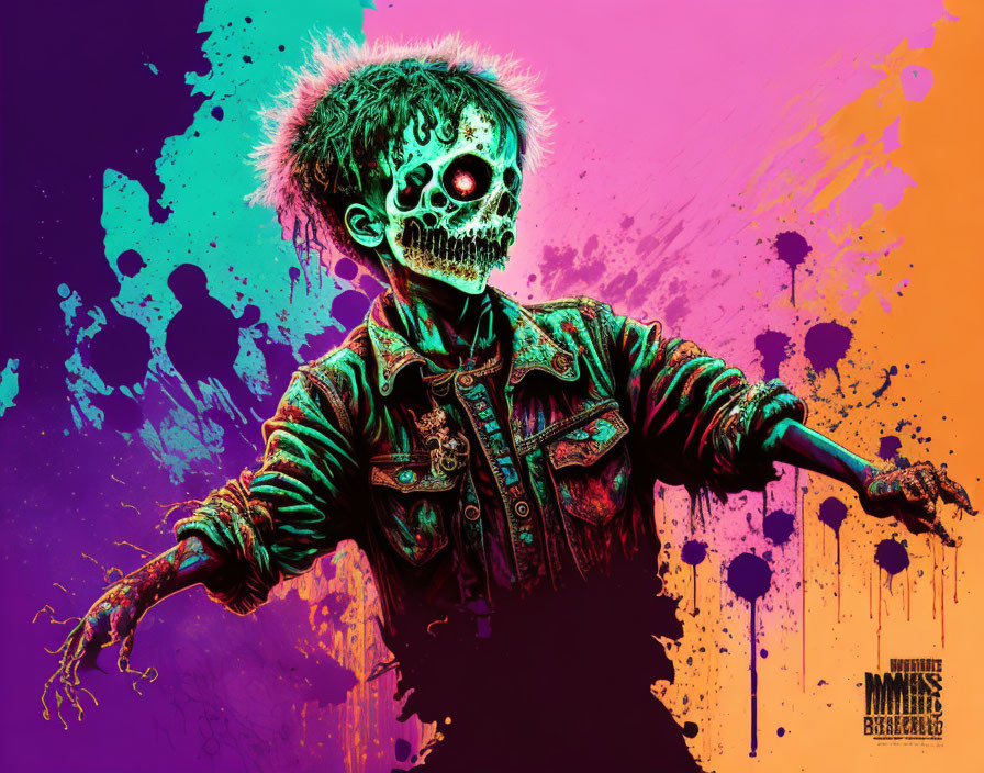 Vibrant digital artwork: Zombie in punk fashion on paint-splattered background