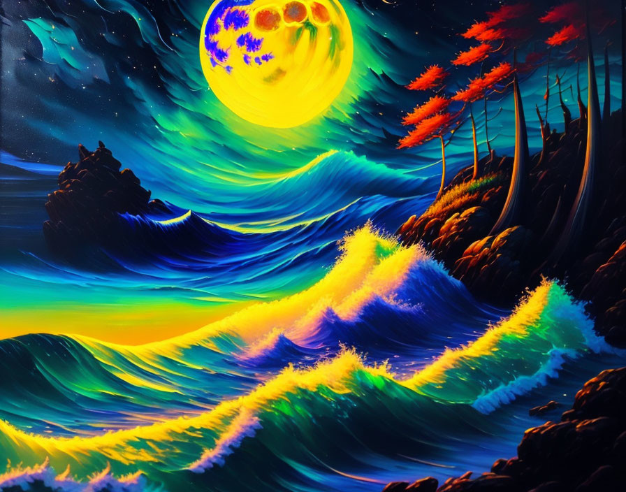 Colorful Ocean Scene with Luminous Waves and Yellow Moon