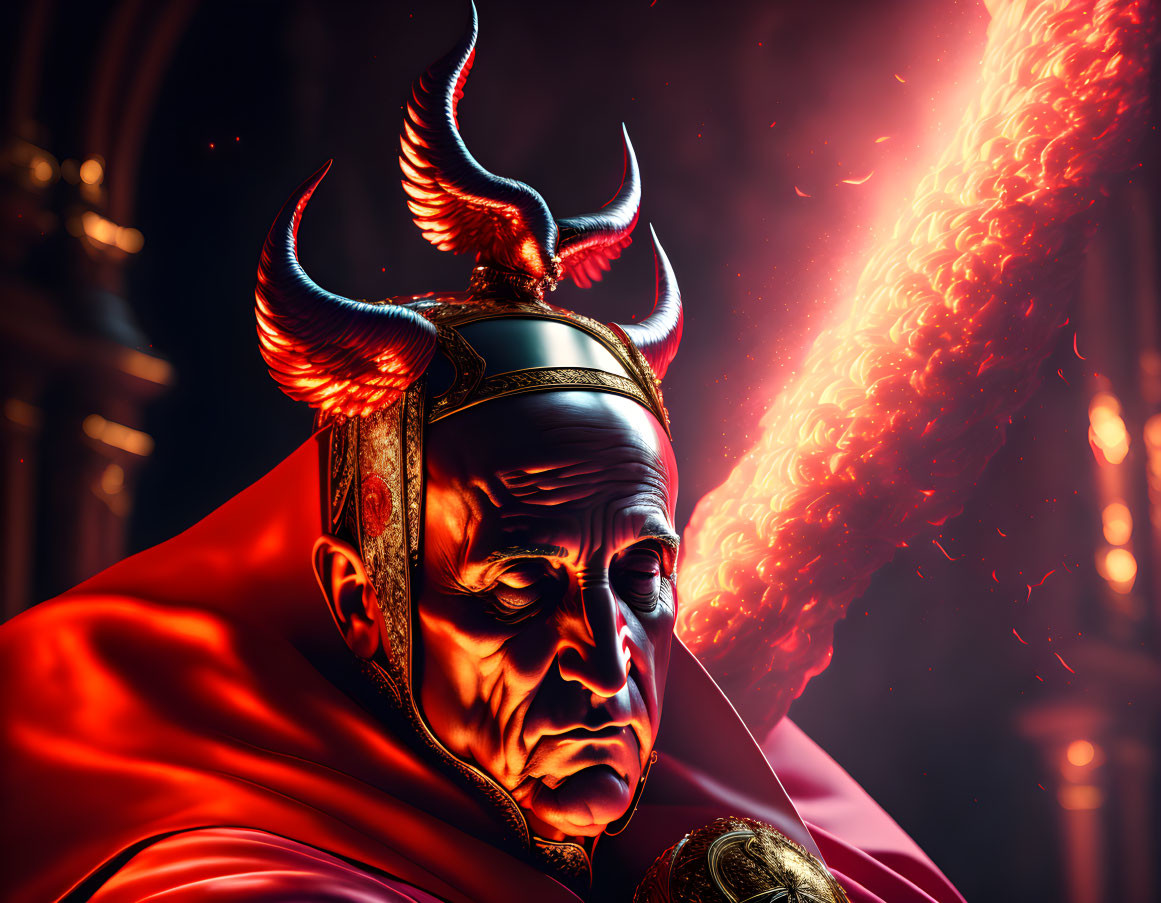 Dark fantasy illustration: Figure in red cloak with demonic horns casting fiery spell.