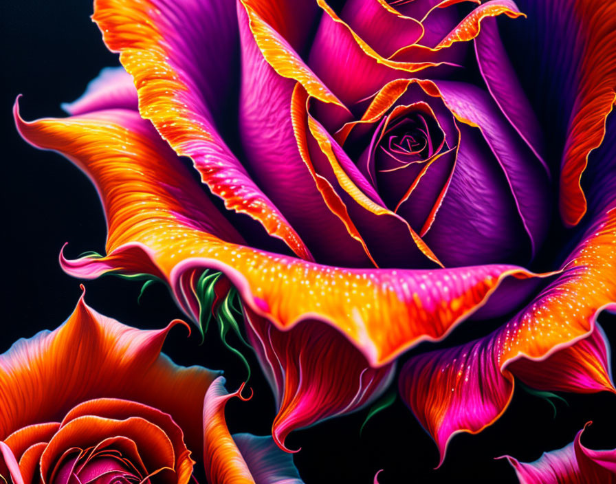 Colorful Fractal Rose Close-Up with Orange, Purple, and Yellow Hues