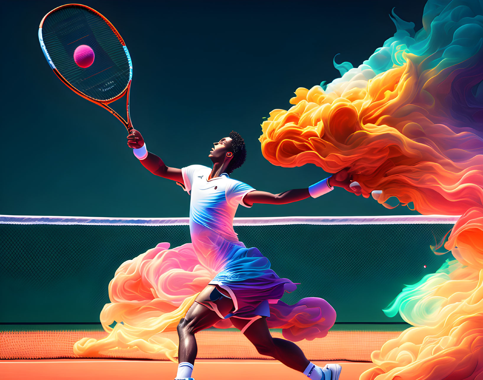 Tennis player swinging racquet at pink ball with colorful smoke trail