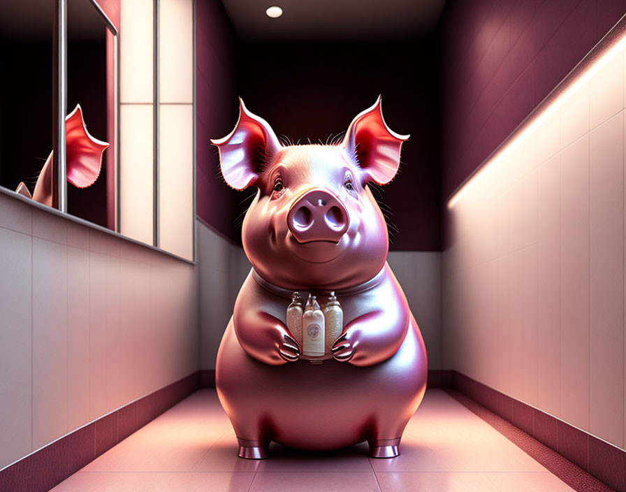 Anthropomorphic pig piggy bank with wings in pink hallway holding lightbulb