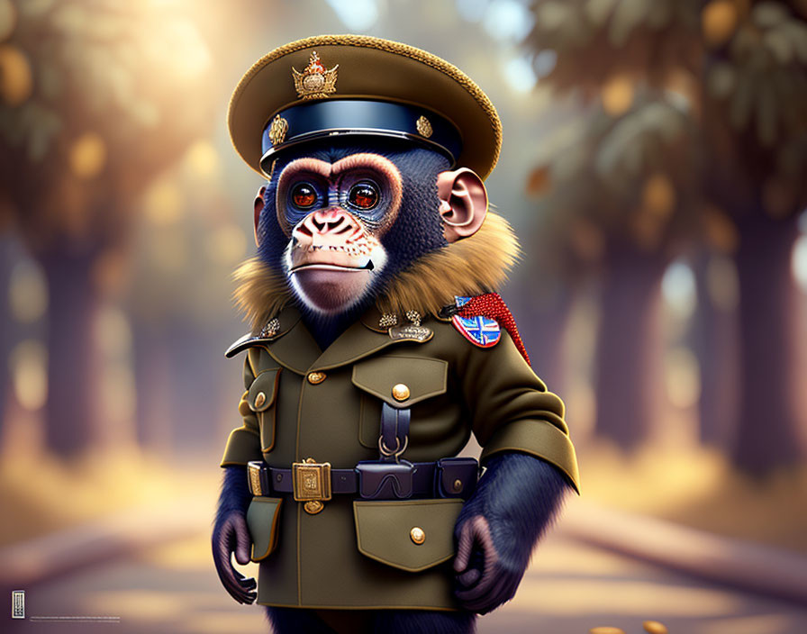 Detailed digital artwork: Monkey in military uniform with medals in forest