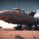 Rusted futuristic spaceship in barren desert landscape