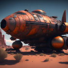 Futuristic spaceship landing on fiery battlefield at dusk