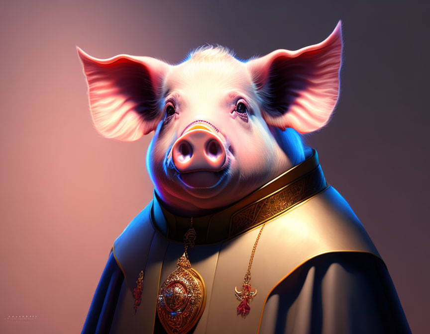 Digital illustration of a pig in ornate robes and jewelry with regal aura