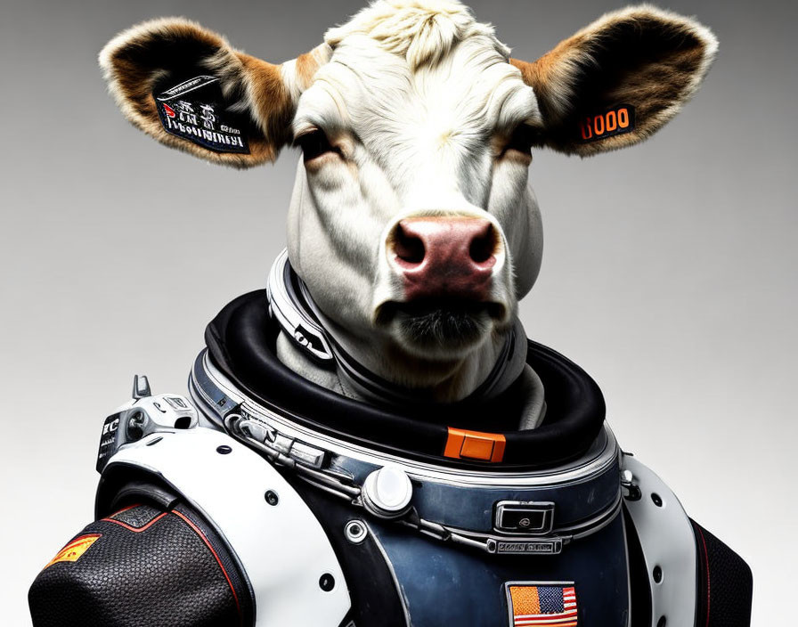 Content cow in astronaut suit on grey background: farm animal meets space exploration