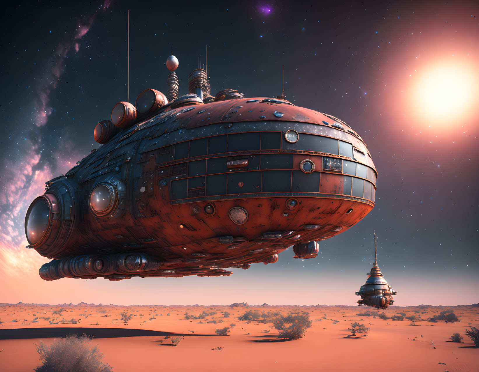 Rusted spaceship above desert landscape with bright sun