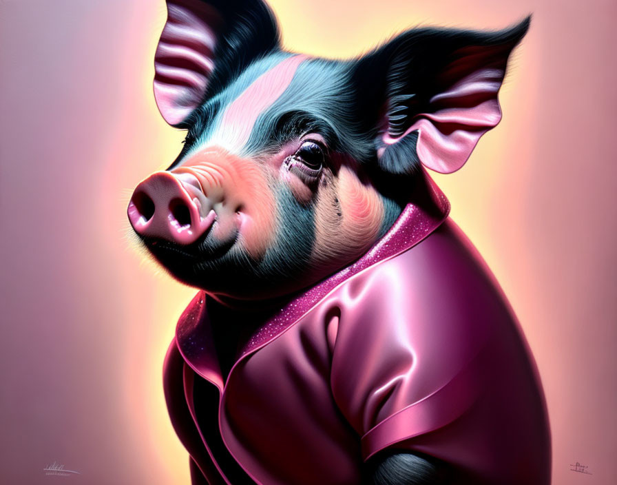 Stylized portrait of a pig in a pink jacket with human-like eyes