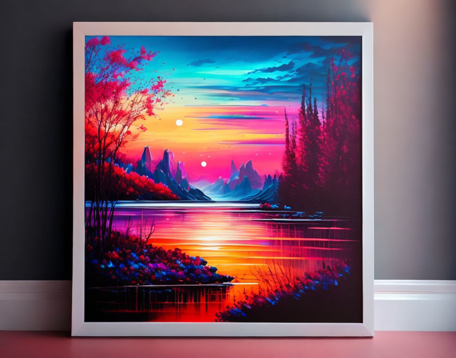 Scenic landscape painting: sunset, lake, mountains, colorful trees in white room