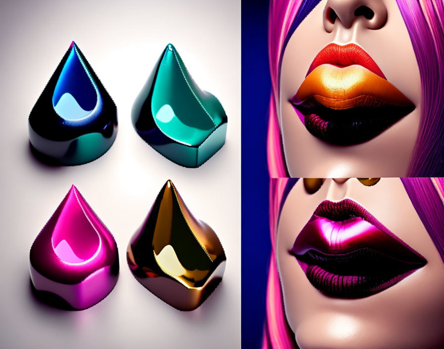 Vibrant 3D droplet shapes and colorful gradient lips close-up.