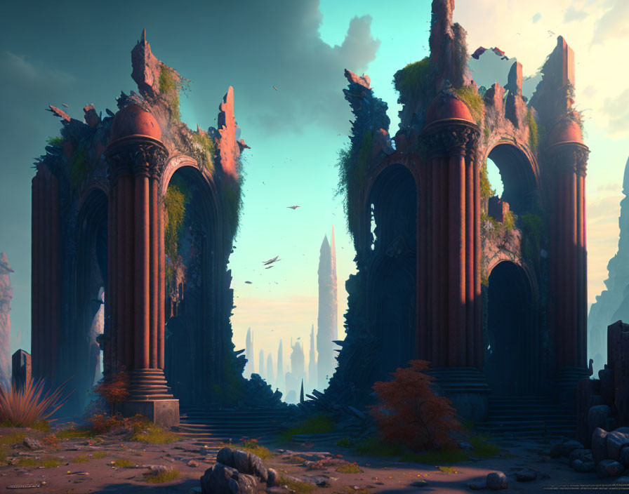 Mystical landscape with towering pillars and arches amid ancient ruins