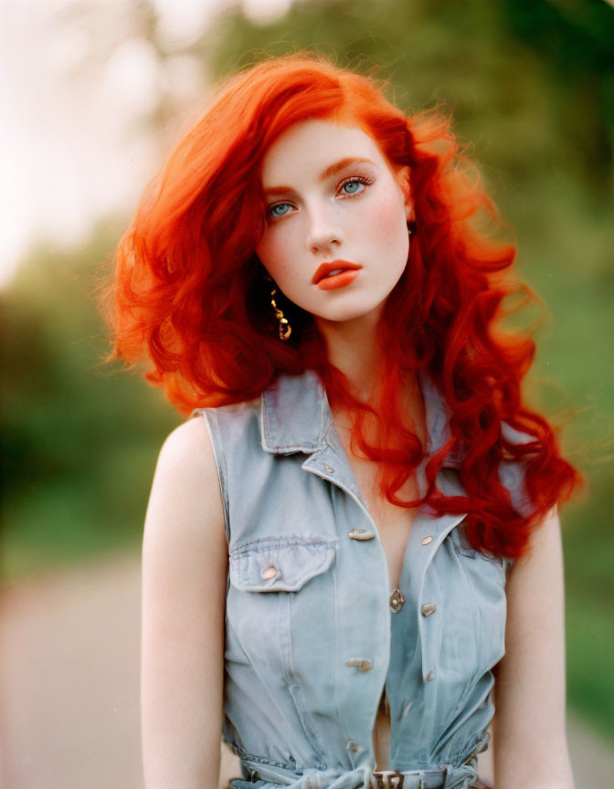 Red-haired woman in denim dress with blue eyes and red lipstick outdoors