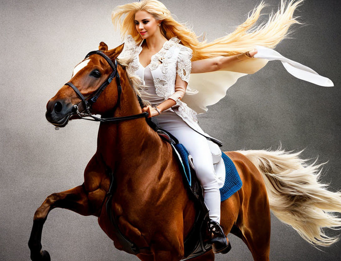 Blonde woman riding galloping horse in white blouse and blue pants