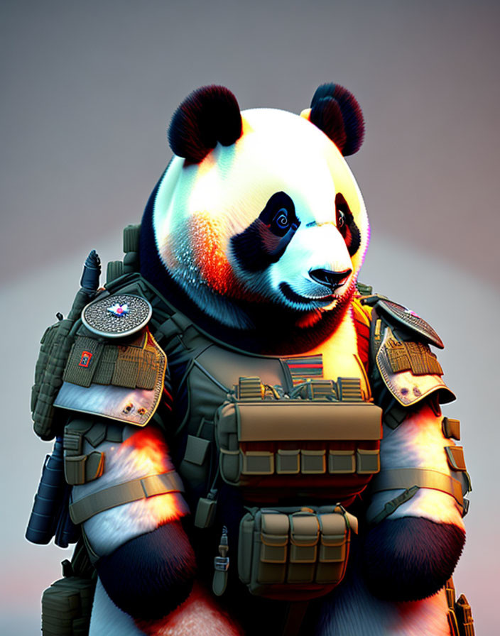 Anthropomorphic panda in tactical gear with determined expression