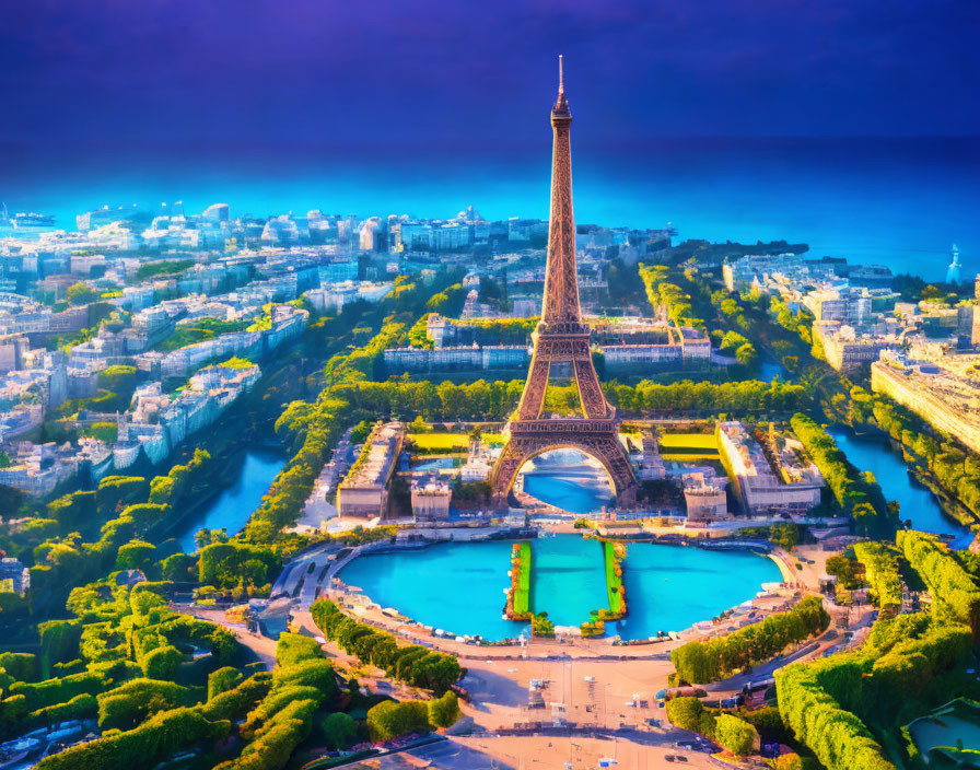 Vibrant aerial view of illuminated Eiffel Tower at twilight