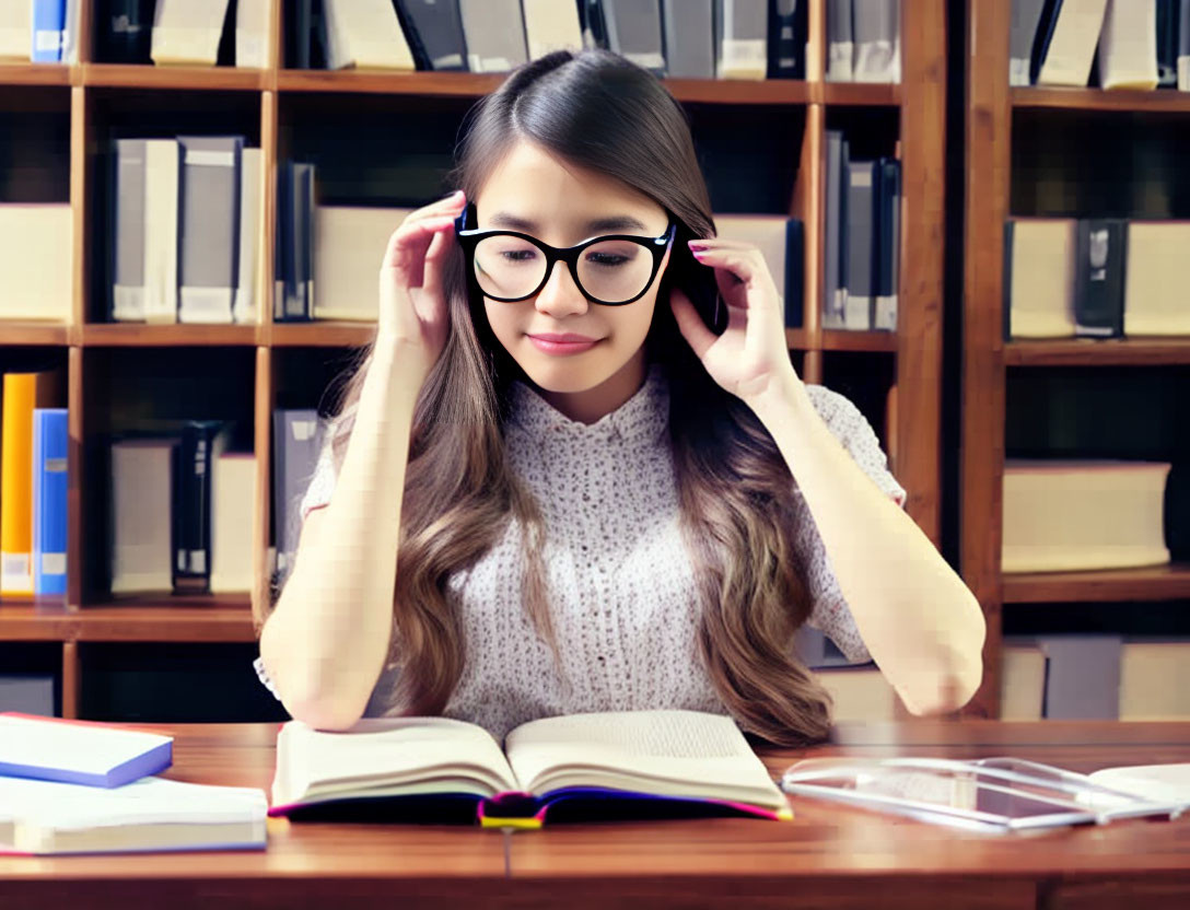 Woman reading book in library with shelves of books.