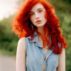 Red-haired woman in denim dress with blue eyes and red lipstick outdoors