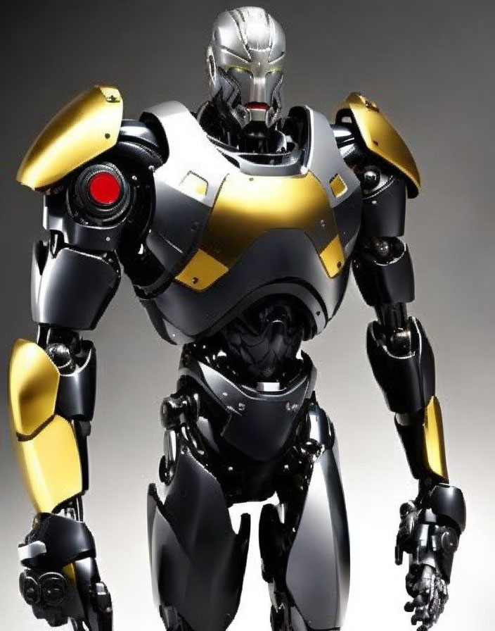 Sleek humanoid robot with gold and silver armor and red chest detail