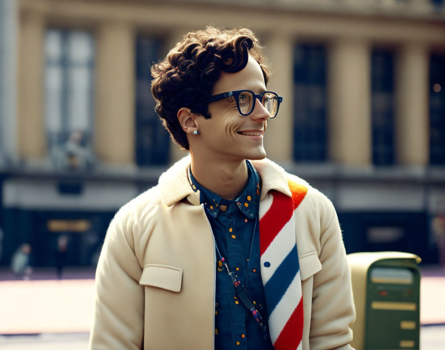 Curly-Haired Man Smiling in Glasses, Beige Coat, Colorful Shirt