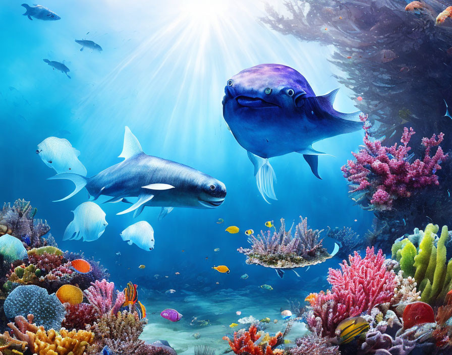 Colorful Fish and Corals in Sunlit Underwater Scene