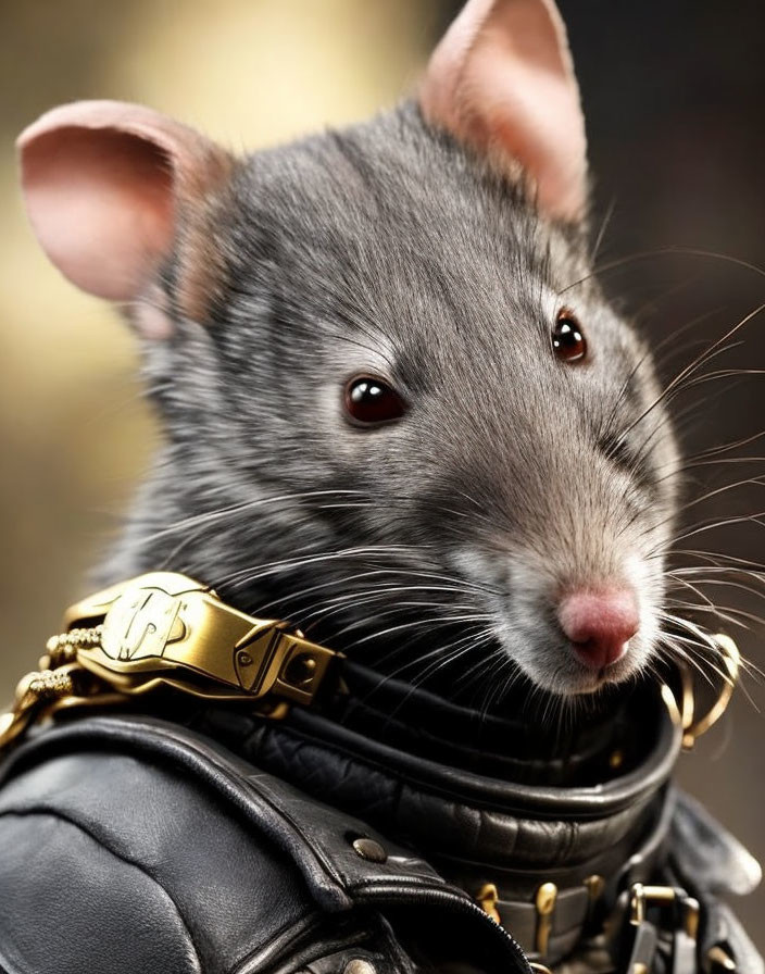 Close-Up of Stylish Rat in Leather Jacket and Golden Collar