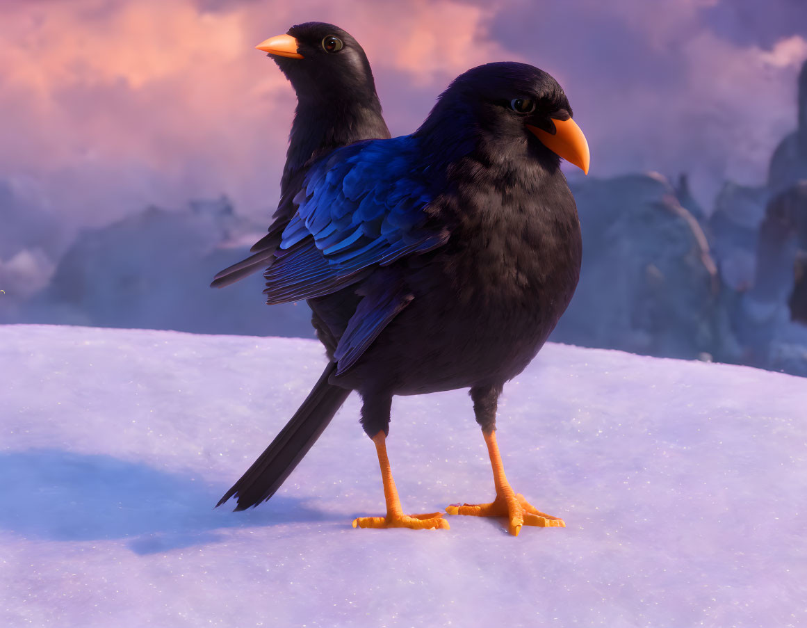 Vibrant orange-beaked black birds on snowy surface with purple clouds