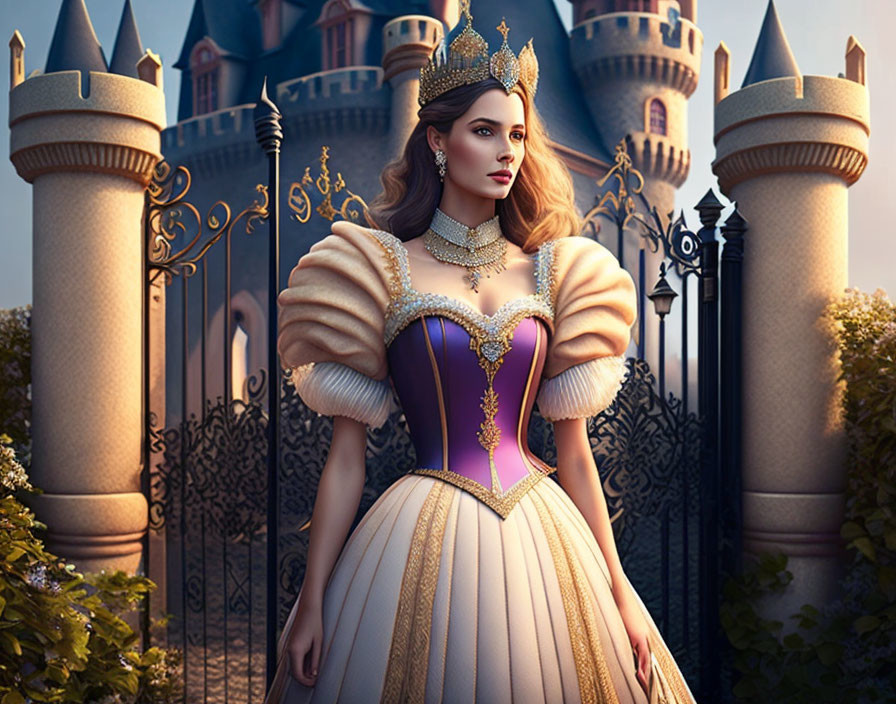 Regal woman in gown with tiara and castle backdrop at dusk