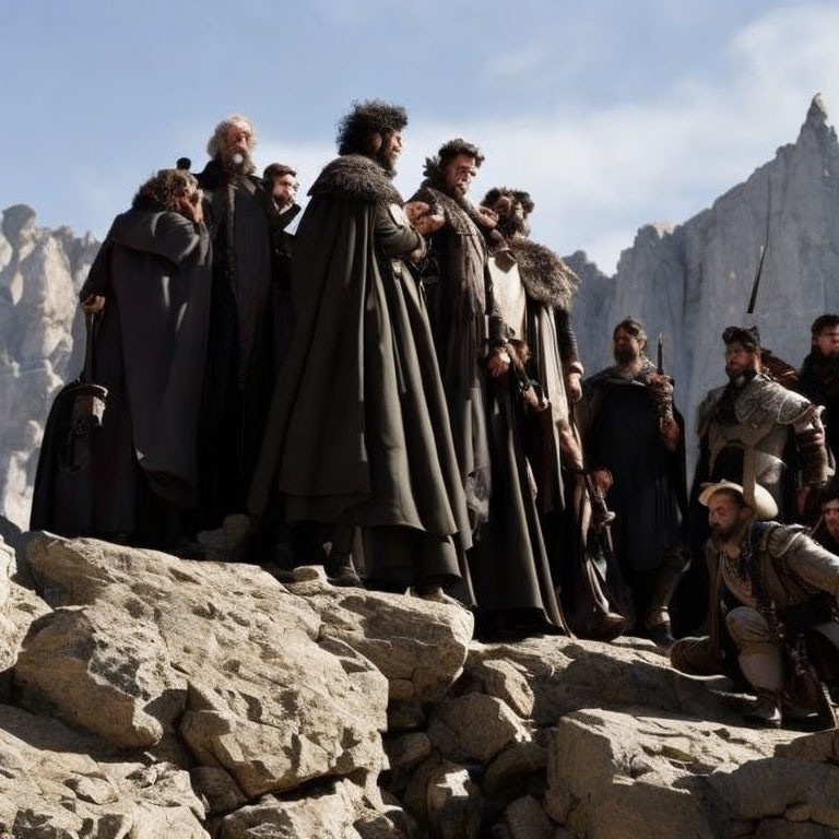 Medieval-themed group in cloaks and armor on rocky film set