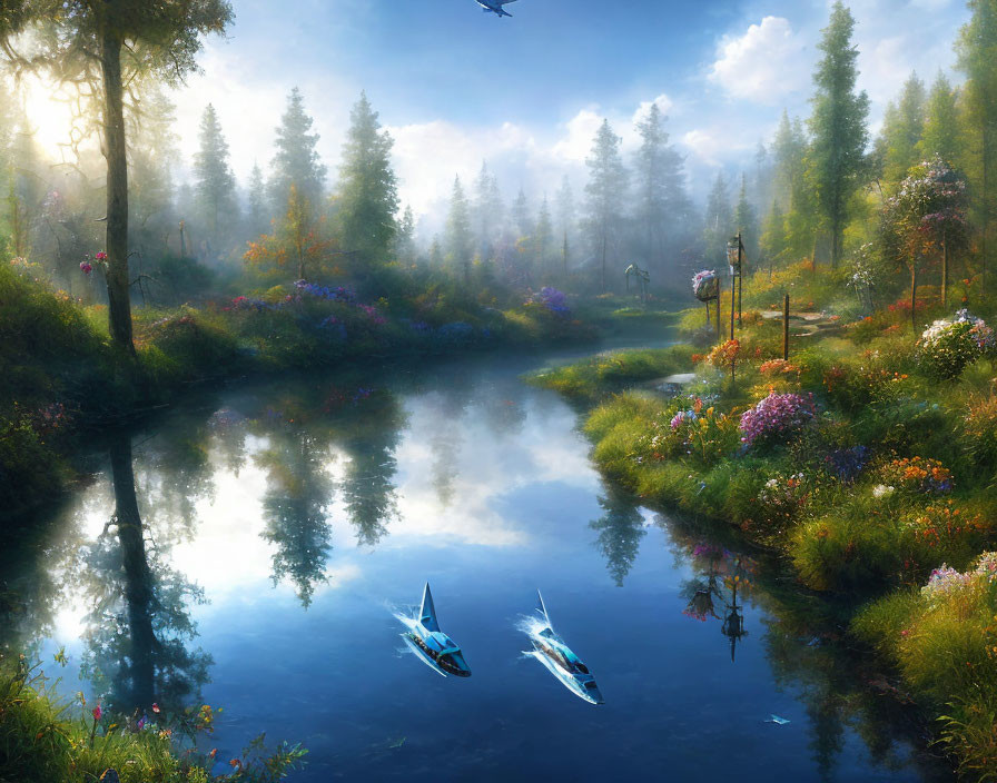 Tranquil forest landscape with river, canoes, wildflowers, fog, and plane in the