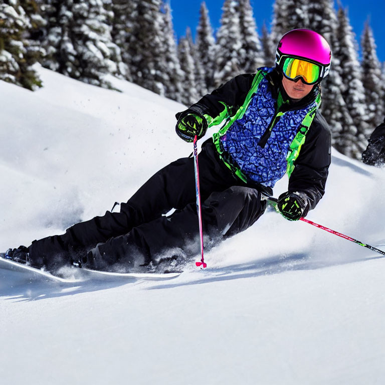 Skier in vibrant gear gliding through powdery snow among trees