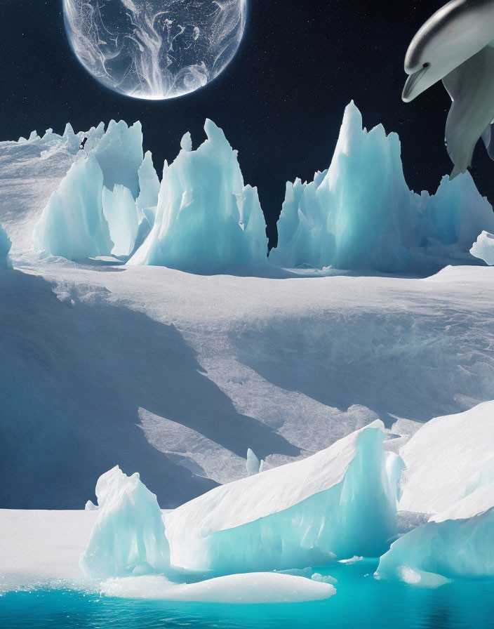 Icy Landscape with Towering Icebergs and Celestial Bodies