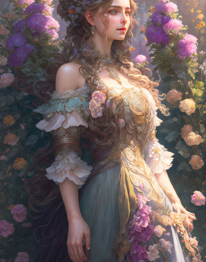 Regal woman in ornate dress in lush garden with thoughtful gaze.