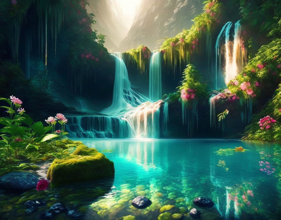 Tranquil Waterfalls and Lush Vegetation Scene