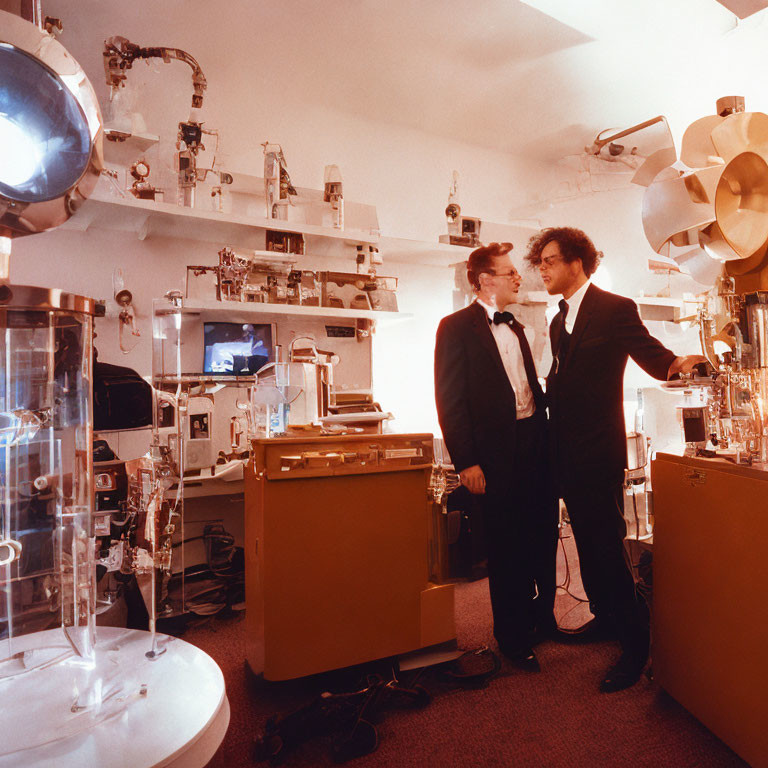 Vintage laboratory scene with two individuals in formal attire