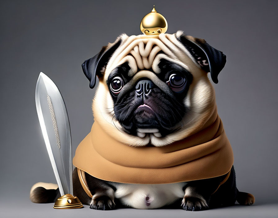 Regal pug illustration with crown, cape, and sword on gray background