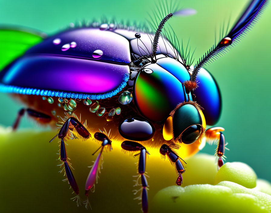 Vividly Colored Insect with Iridescent Body on Green Surface